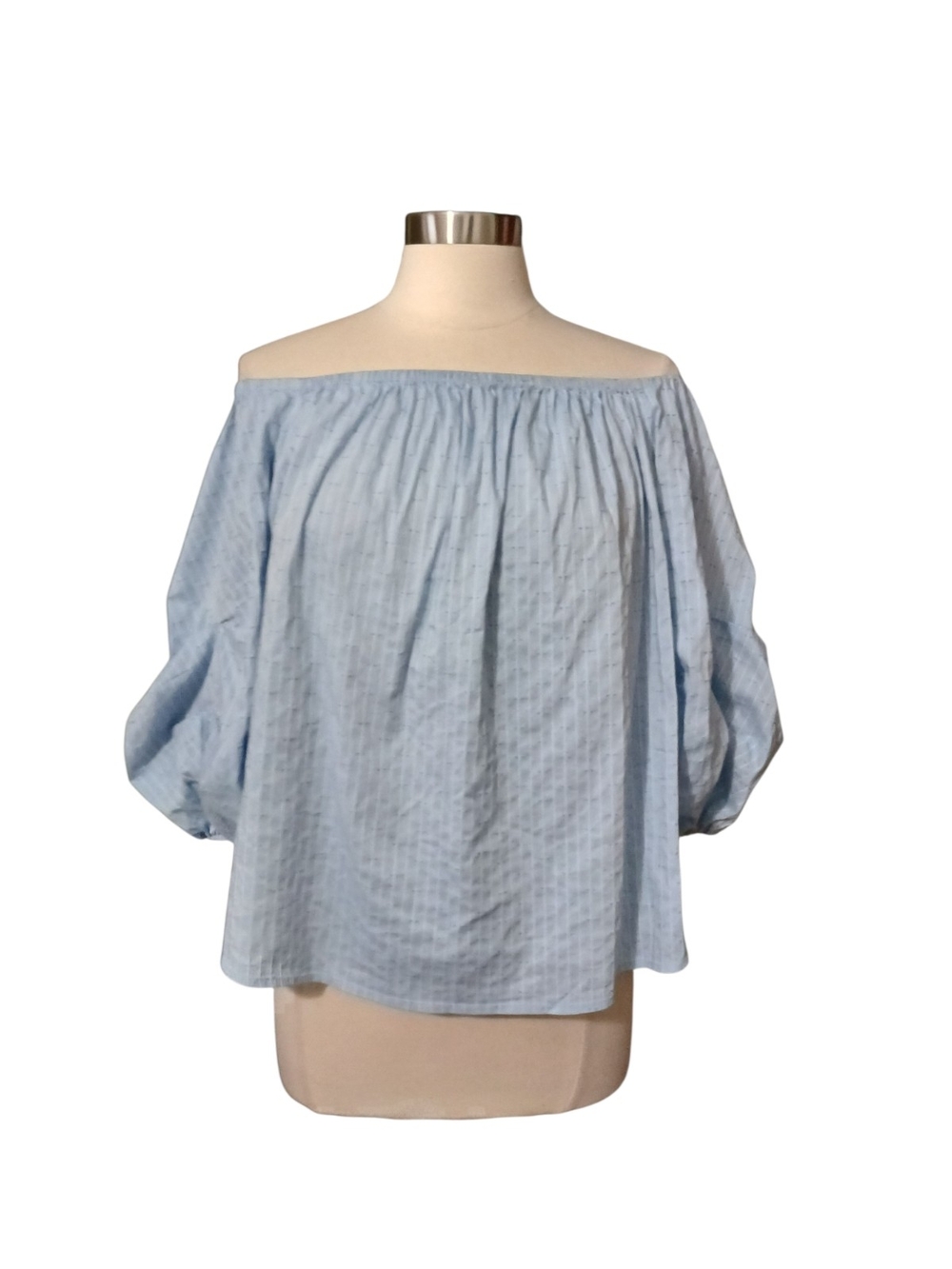 CeCe | Light Blue Striped Off-Shoulder Balloon Sleeve Top Size Large